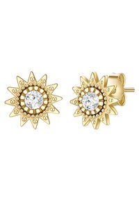 Auksinės auskarai su saulės spindulių dizainu, turinčiu smailius spindulius ir centrą su skaidriu kristalu, papildyti dekoratyviniais karoliukais.