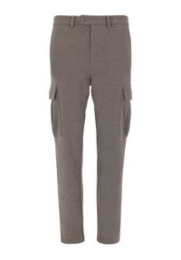 Pantaloni cargo slim fit grigi da uomo con chiusura a bottone e tasche a patta su entrambe le cosce.