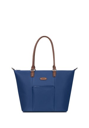 Sac cabas bleu avec poignées en cuir marron, poche avant zippée et petite étiquette rectangulaire de marque au centre.