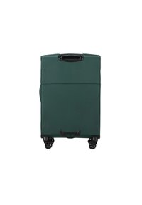 Valigia verde con un esterno in tessuto testurizzato, una maniglia superiore e quattro ruote nere per la mobilità. Forma rettangolare con chiusura a zip.