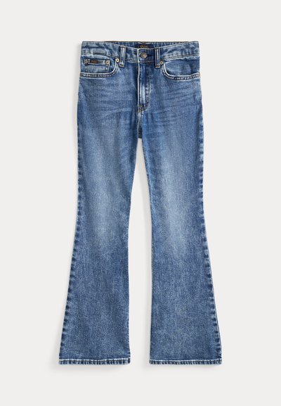 Light blue denim flared jeans with a mid-rise waist, classic five-pocket design, and frayed hem at the leg openings.