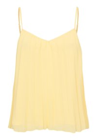 Haut jaune sans manches à plis, avec de fines bretelles ajustables et un ourlet légèrement évasé.