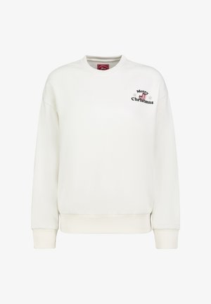 White sweatshirt featuring ribbed cuffs and hem, with "Merry Christmas" text and decorative accents on the front. Smooth texture.