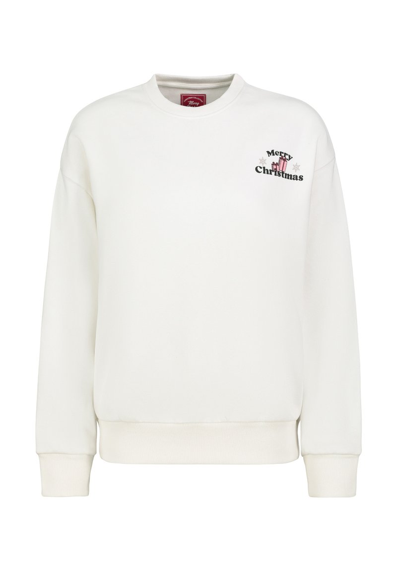 Weißer Pullover mit gerippten Bündchen und Saum, vorne mit dem Schriftzug "Frohe Weihnachten" und dekorativen Akzenten. Glatte Textur.