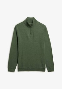 Grüner Strickpullover mit hohem Kragen und einem Viertel-Längen-Reißverschluss. Verfügt über ein strukturiertes Muster sowie gerippte Bündchen und Saum.