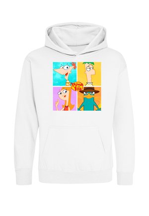 Felpa bianca con cappuccio che presenta quattro quadrati colorati con i personaggi animati Phineas, Ferb, Candace e Perry l’ornitorinco e il logo "Phineas and Ferb" al centro.