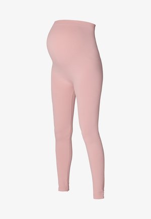 Maternity leggings in soft, ribbed fabric, featuring a high waistband and snug fit, in a light pink color. Smooth texture and full-length design.