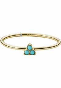 Gouden armband met in het midden een trio van turquoise stenen, versierd met een kleine heldere edelsteen. Strak, glad metalen ontwerp.