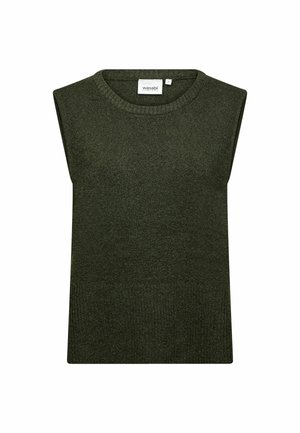 Gilet en maille vert foncé sans manches avec ourlet côtelé et encolure ronde, étiqueté Wasabi Concept.