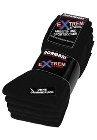 Schwarze Arbeits- und Sportsocken gestapelt, mit einem Etikett, auf dem Text steht. Das Material scheint dick zu sein; keine Gummigriffbeschichtung angegeben.