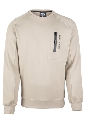 Beige sweatshirt gemaakt van een katoenmix. Heeft een ronde hals, lange mouwen en een ritszak op de borst met een logo-accent. Heeft een gladde textuur.