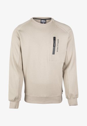 Beige sweatshirt gemaakt van een katoenmix. Heeft een ronde hals, lange mouwen en een ritszak op de borst met een logo-accent. Heeft een gladde textuur.