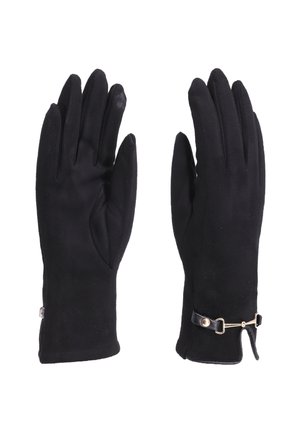 Guanti neri realizzati in materiale morbido, con un design elegante, texture liscia e un accento ornamentale in metallo dorato al polso.
