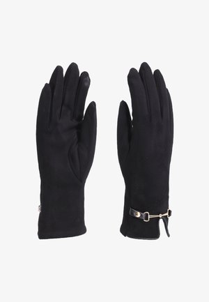 Guanti neri realizzati in materiale morbido, con un design elegante, texture liscia e un accento ornamentale in metallo dorato al polso.