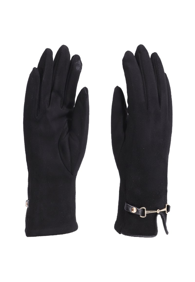 Guanti neri realizzati in materiale morbido, con un design elegante, texture liscia e un accento ornamentale in metallo dorato al polso.