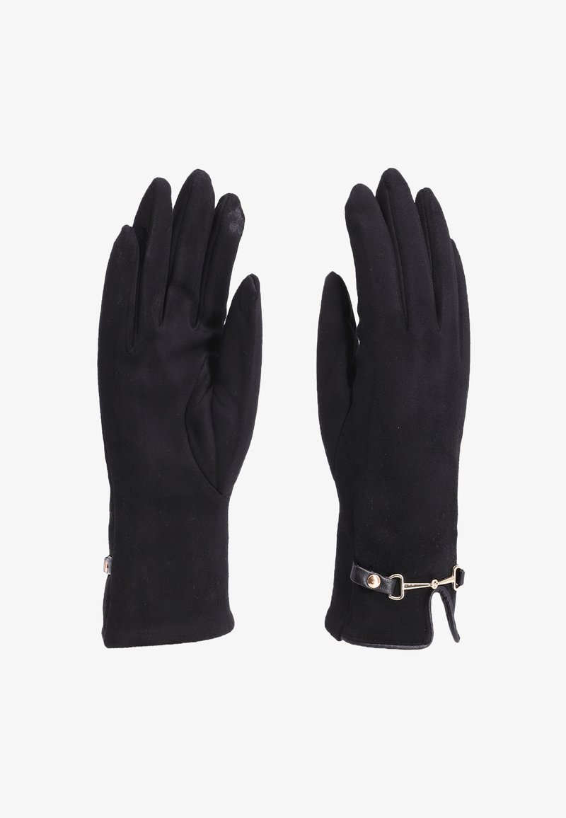 Guanti neri realizzati in materiale morbido, con un design elegante, texture liscia e un accento ornamentale in metallo dorato al polso.