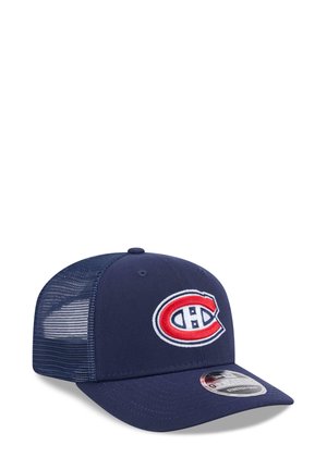 Marineblaue Mesh-Baseballkappe mit Montreal Canadiens-Logo, das in Rot, Weiß und Blau auf dem Frontpanel gestickt ist.