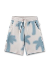 Helle beigefarbene Shorts mit einem blauen Palmenmuster, ausgestattet mit einem elastischen Bund und Kordelzug, zwei seitlichen Taschen und samtweichem Stoff.