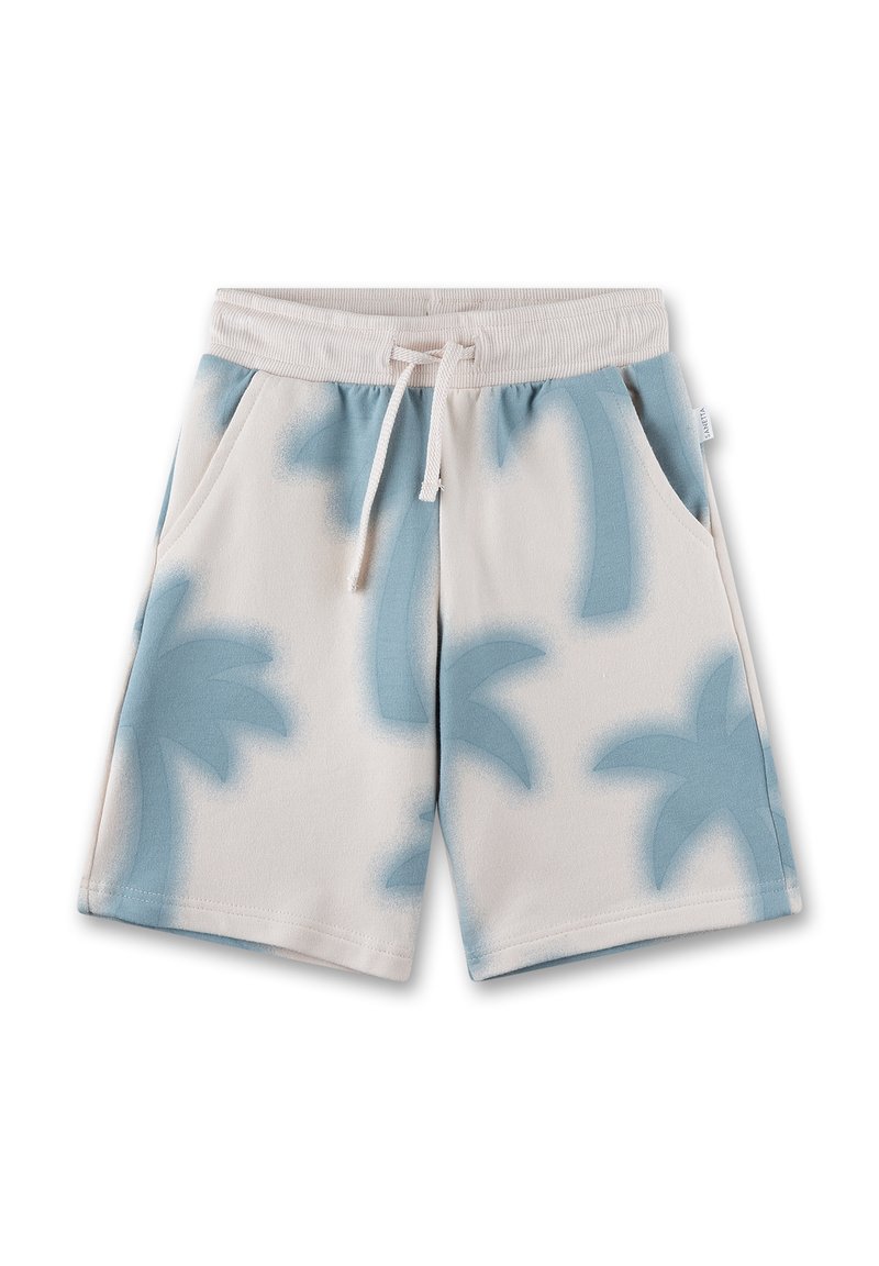 Helle beigefarbene Shorts mit einem blauen Palmenmuster, ausgestattet mit einem elastischen Bund und Kordelzug, zwei seitlichen Taschen und samtweichem Stoff.