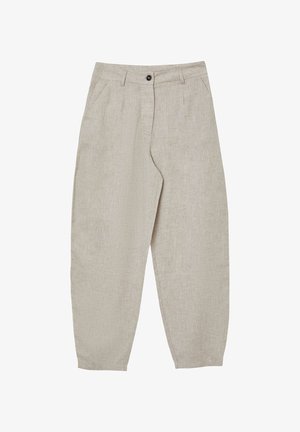 Helle beiges Leinenhosen mit entspannter Passform, ausgestattet mit Seitentaschen, einem Knopfverschluss und einem strukturierten Stoff.