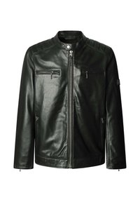 Juoda odinė striukė su stovinčiu apykakliu, priekyje užtrauktuku, krūtinės ir šoninėmis kišenėmis su užtrauktukais ir siuvinėtomis peties detalėmis.