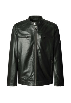 Černá kožená bunda s límečkem na stojáka, předním zipem, zipovanými kapsami na hrudi a bocích a prošívanými detaily na ramenou.