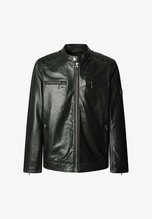 Musta nahkatakki pystykäärmekauluksella, edessä vetoketju, vetoketjulliset rintataskut ja sivutaskut sekä tikattu olkapääyksityiskohta.