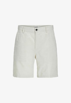 Light beige shorts made of light fabric, featuring a button closure, front pockets, and a straight cut design. Smooth texture with minimal detailing.