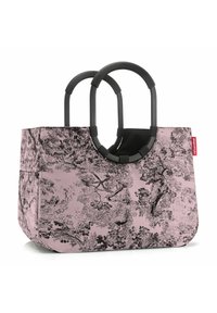 Sac fourre-tout rose à deux poignées avec un motif inspiré de la nature en noir. Fabriqué à partir d'un matériau durable, il possède une forme structurée et une texture lisse.