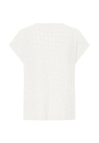 Blouse blanche à manches courtes avec broderie florale ajourée, encolure ronde et ourlet droit, vue de dos sur fond blanc.