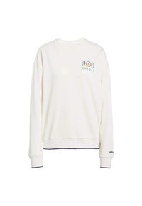 Cream-colored sweatshirt with a crew neck, ribbed cuffs, and bottom hem. Features "ADIDAS" logo and colorful design on the left chest.