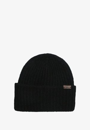 Berretto a maglia nera con costine e risvolto. Presenta un piccolo tag in pelle marrone con iniziali impresse. Realizzato in materiale morbido e caldo.