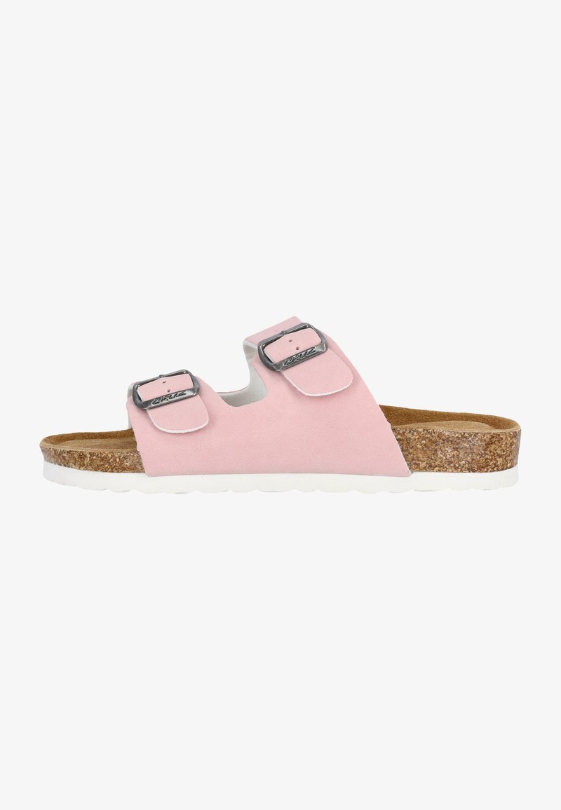 Rosa Wildleder-Slidesandalen mit zwei verstellbaren Riemen, silbernen Schnallen und einem Korkfußbett auf einer weißen Gummisohle.