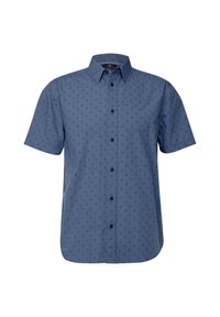 Korte mouwen button-up shirt van blauwe stof met een subtiel zeilbootpatroon, voorzien van een kraag en zwarte knopen aan de voorkant.
