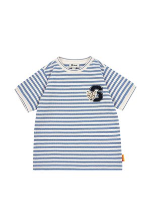 Blau-weiß gestreiftes Kurzarm-Kinderhemd mit einem Aufnäher einer Leopardenkopf und der Nummer 6 auf der Brust.