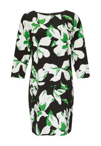 Blumenkleid mit schwarzem Hintergrund, das große weiße und grüne Blumen zeigt. Rundhals, drei Viertel-Ärmel und eine figurnahe Form.