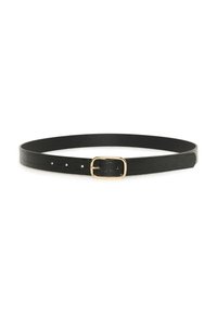 Cintura in pelle nera con texture a coccodrillo, dotata di una fibbia rettangolare dorata e di diversi fori per le regolazioni.