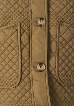 Quilted brown jacket featuring a button closure, two large pockets, and smooth texture with diamond pattern detailing.