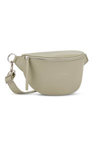 Zöld műbőr keresztpántos táska, lekerekített kialakítással, felül cipzáros záródással, állítható pánttal és diszkrét márkalogóval az elején.