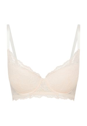 Helle pinke Spitzen-BH mit halbkopfigem Design. Verfügt über ein florales Muster, gewellte Kanten und verstellbare Träger. Weiche Textur und durchsichtiger Look.