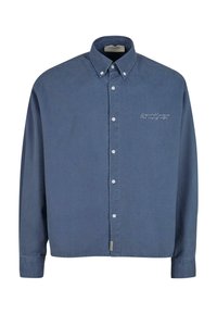 Camicia blu con bottoni, realizzata in cotone, con maniche lunghe, colletto a punta e logo ricamato "another" sul petto.