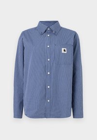 Μπλε και λευκό πουκάμισο με μακριά μανίκια και κουμπιά, καρό σχέδιο, με γιακά και μπροστινή τσέπη που φέρει ένα μικρό κεντημένο λογότυπο Carhartt.