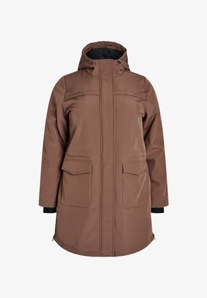 Brown waterproof parka with a hood, featuring a zip closure, two front pockets, and elastic cuffs. Smooth texture, mid-thigh length.