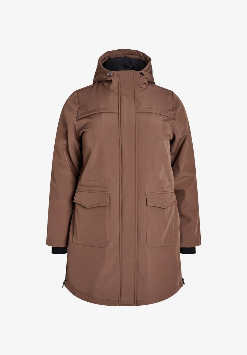 Brūns ūdensnecaurlaidīgs parka mētelis ar kapuci, ar rāvējslēdzēju, divām priekšējām kabatām un elastīgiem manšetēm. Gluda tekstūra, vidējais garums līdz augšstilbiem.