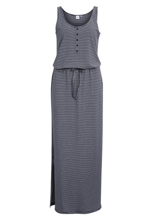 Vestido largo sin mangas con rayas horizontales en azul marino y blanco, con botones en el pecho y cintura con cordón ajustable.