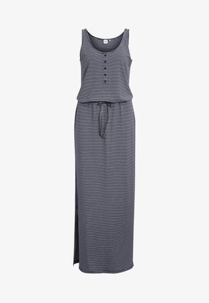 Robe maxi sans manches à rayures horizontales bleu marine et blanches, avec des boutons sur la poitrine et une taille avec cordon de serrage.