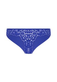 Blaue Spitzenstring mit blumigem Spitzenmuster auf der Vorderseite und glattem Stoff-Finish. Hat ein niedrig geschnittenes Design und weiche Kanten.