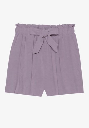 Lila hoge taille shorts met geplooide elastische tailleband en stoffen ceintuur die vooraan in een strik is gebonden.