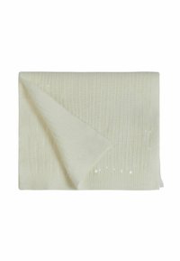 Sciarpa a costine di colore crema, piegata, con un angolo leggermente rovesciato che mostra delle sottili paillettes luccicanti sul tessuto.