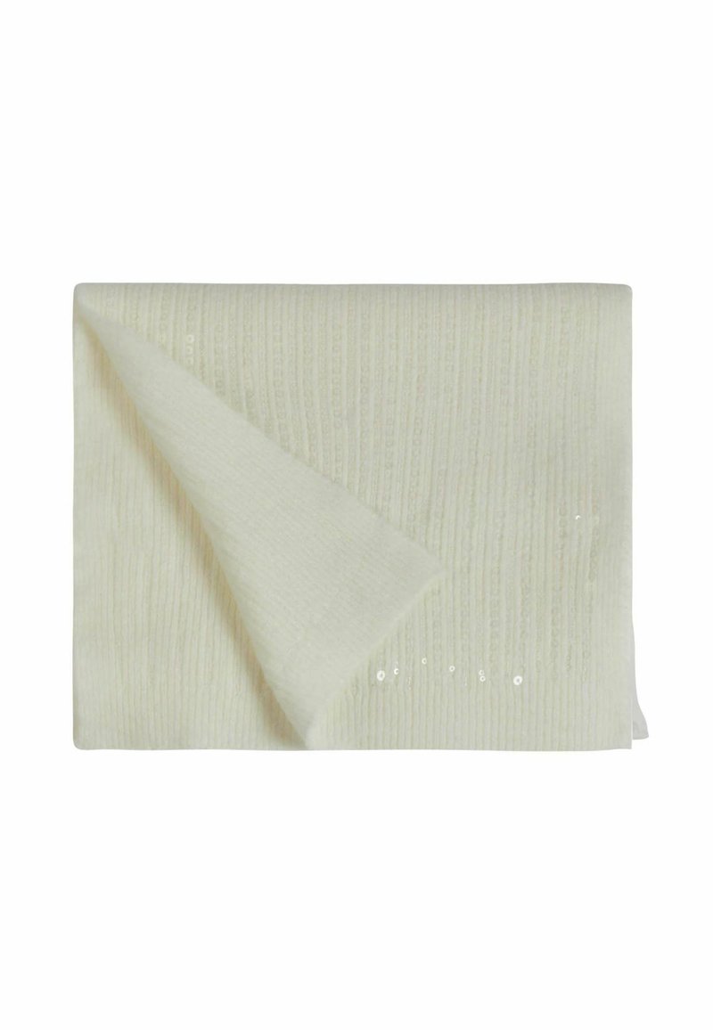 Sciarpa a costine di colore crema, piegata, con un angolo leggermente rovesciato che mostra delle sottili paillettes luccicanti sul tessuto.